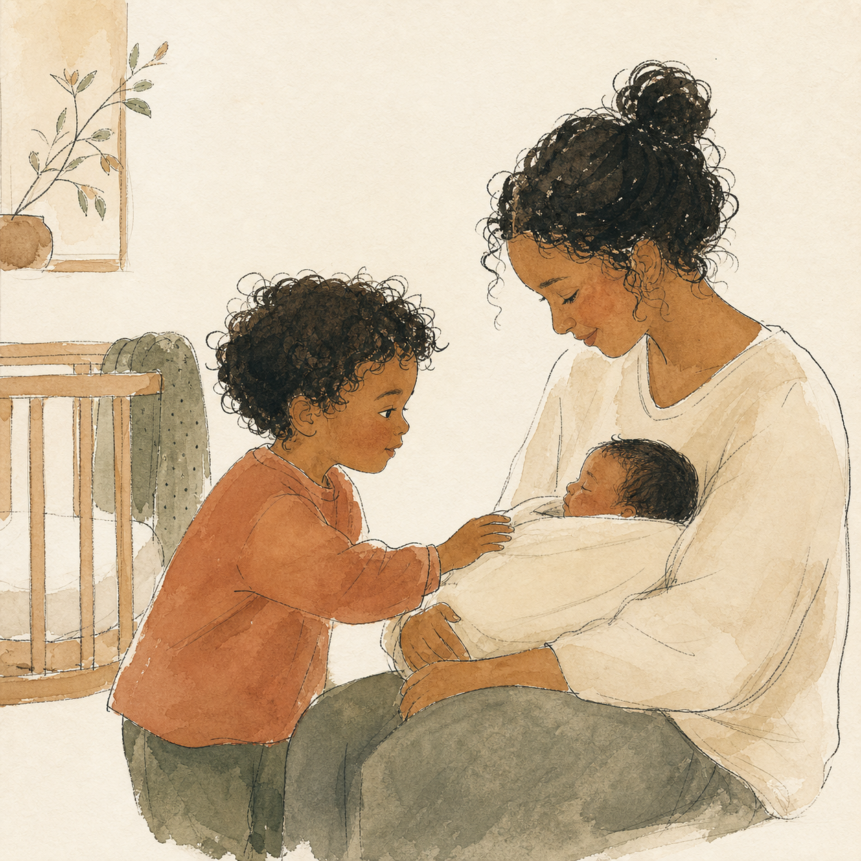 Child looking at a new baby in a parent's arms.