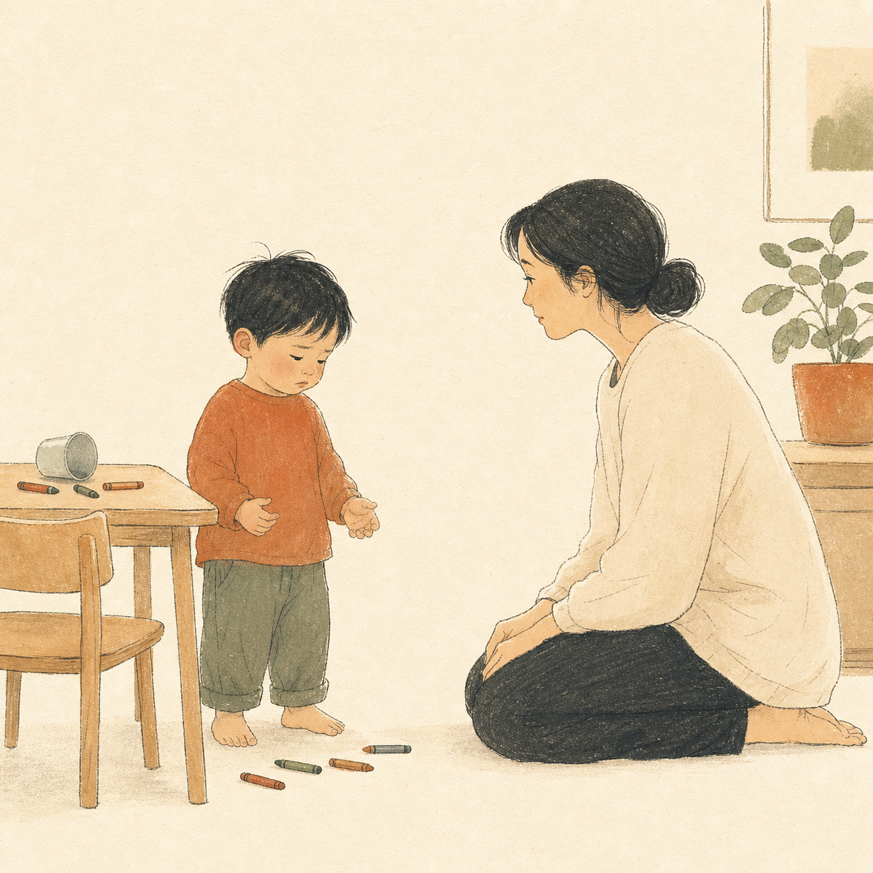 Child near a table with scattered crayons, parent crouched at child's level.
