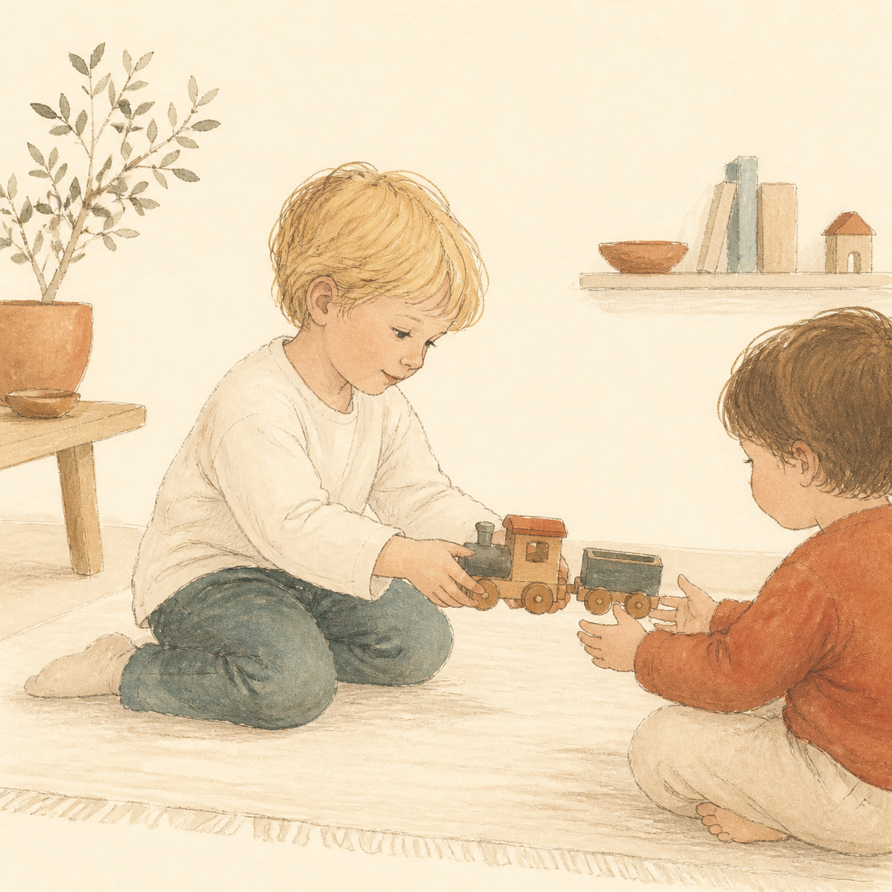 Two children sharing a small wooden train in a simple living room.