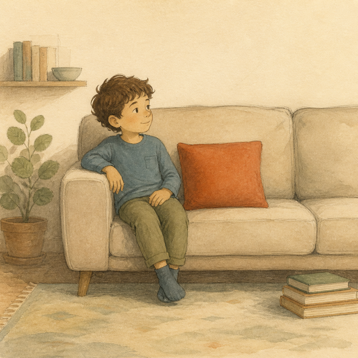 Milo sits on the sofa beside the red cushion.