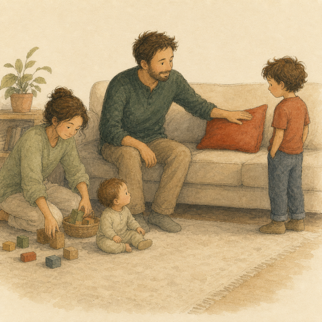 Father pats the red cushion, inviting Milo. Mother is with the baby.