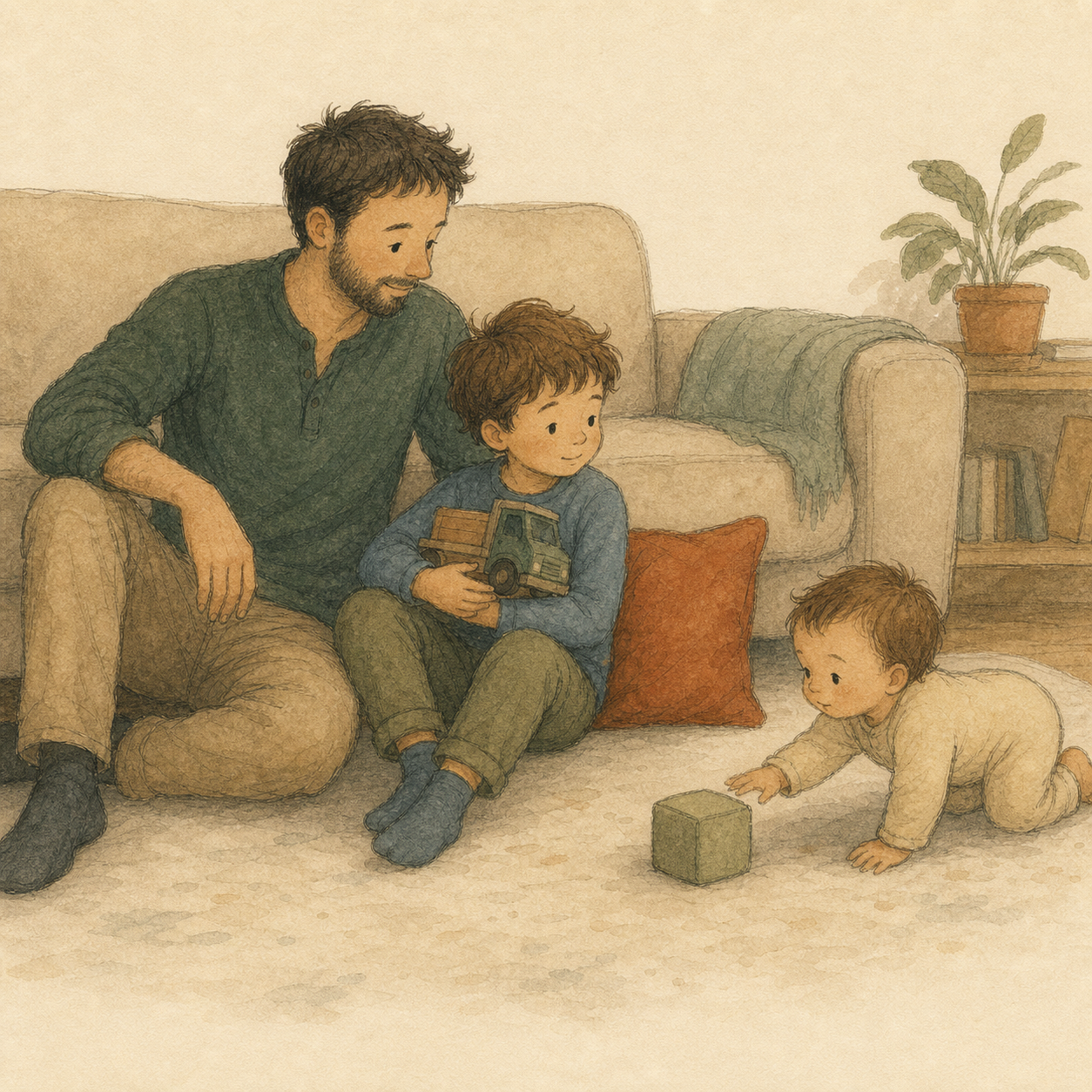 Milo sits beside Father on the sofa, holding his truck. The baby crawls toward it.