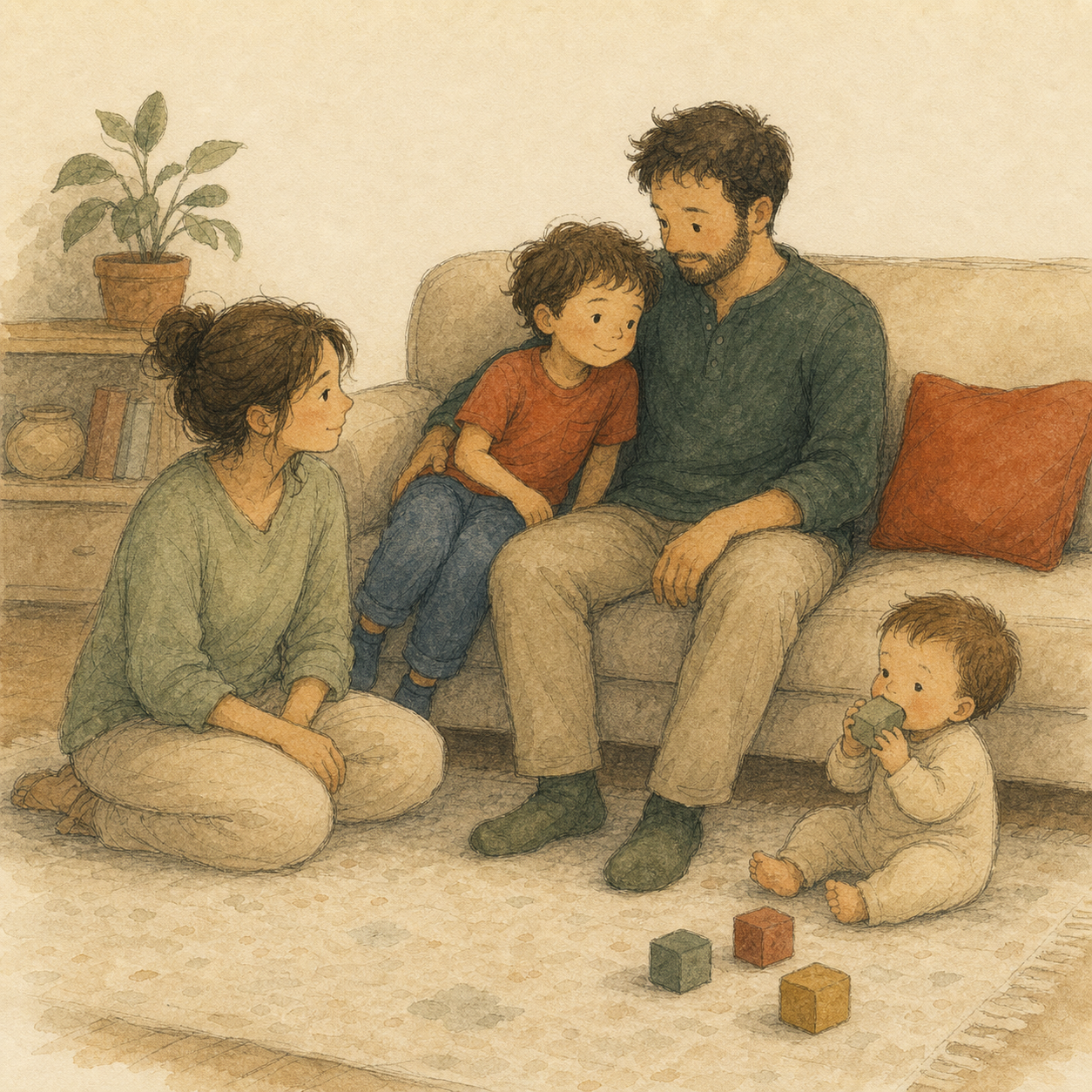 Milo leans into Father's side. The whole family is together on the sofa and rug.