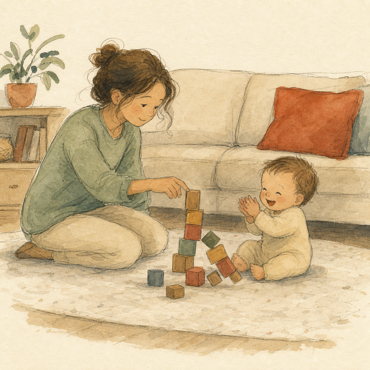 Mother builds a block tower. The baby claps.