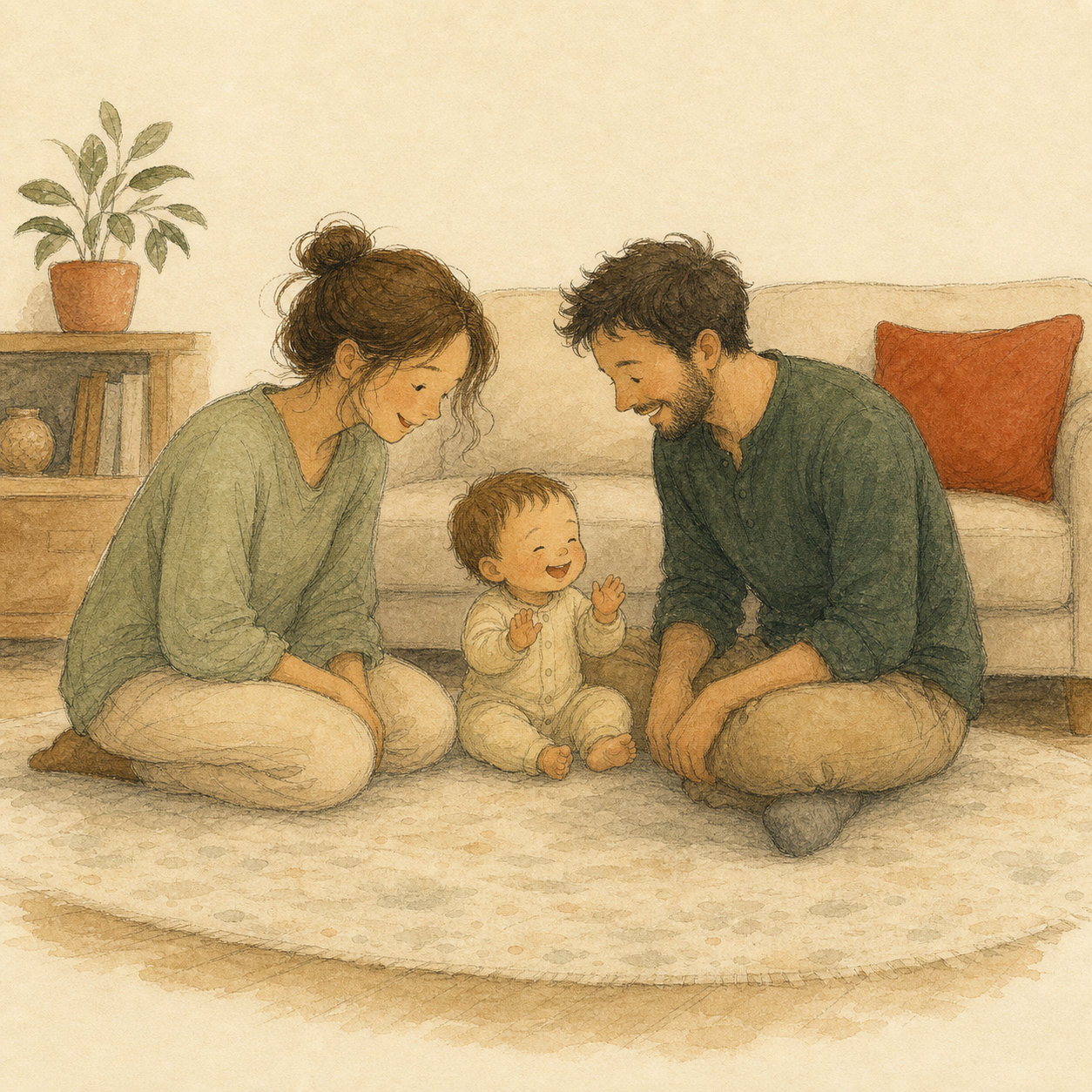 Father and Mother and baby laugh together on the rug.