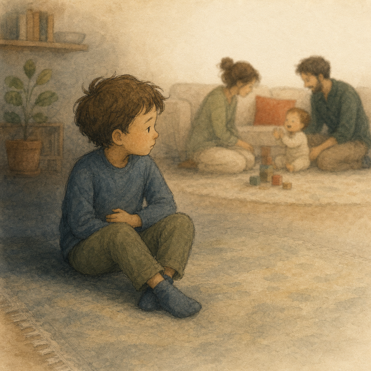 Milo watches from the carpet. His hand rests on his stomach. The family is a warm blur behind him.