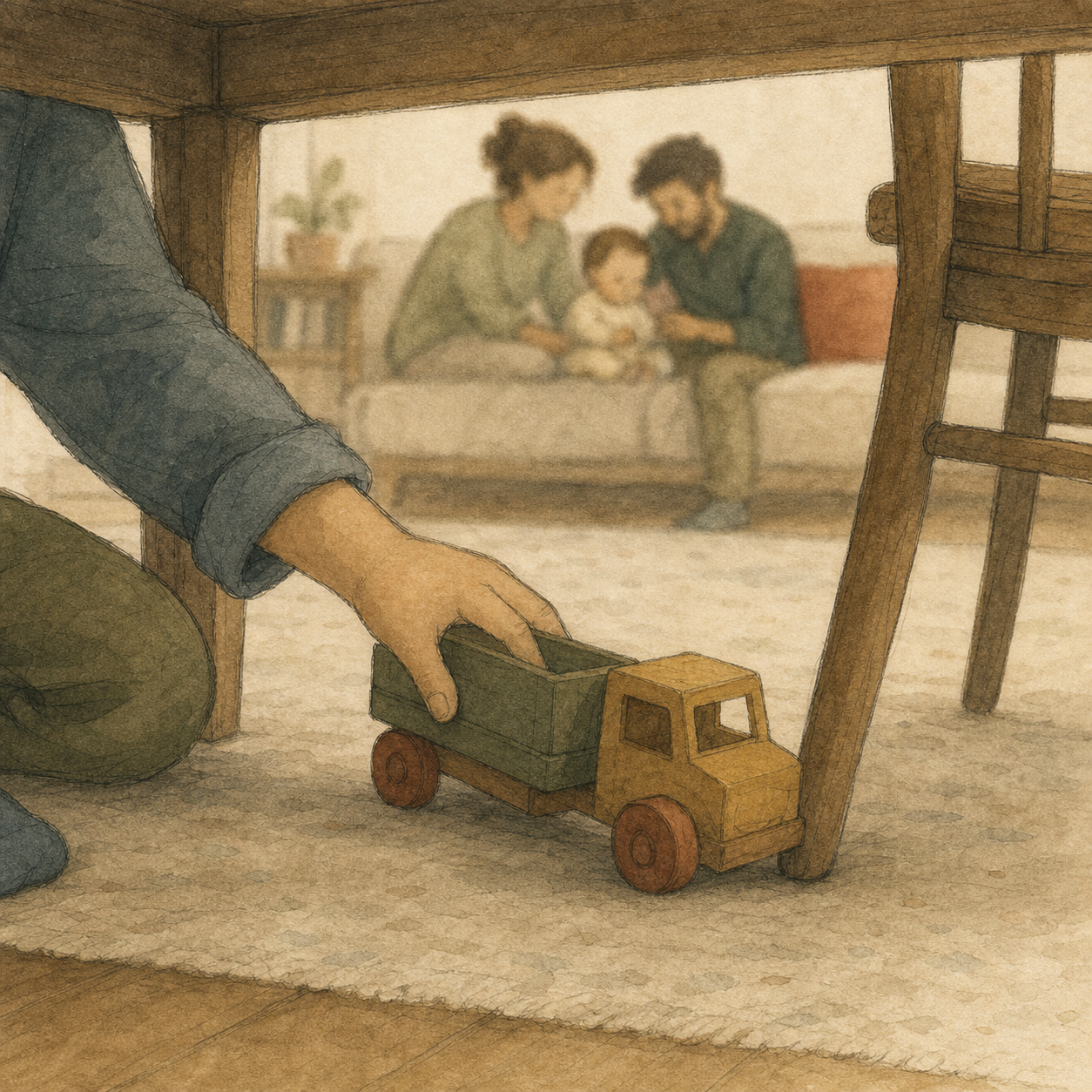 From under the table: Milo's hand pushes his truck into the chair leg. Through the table legs, the family is visible in the background.