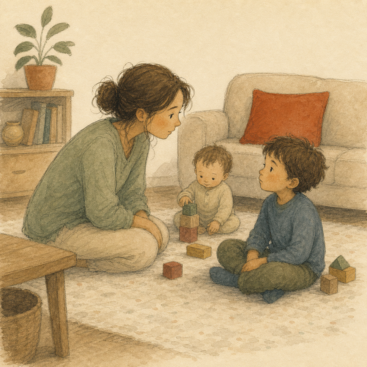 Mother turns and looks at Milo, her expression gentle and searching.