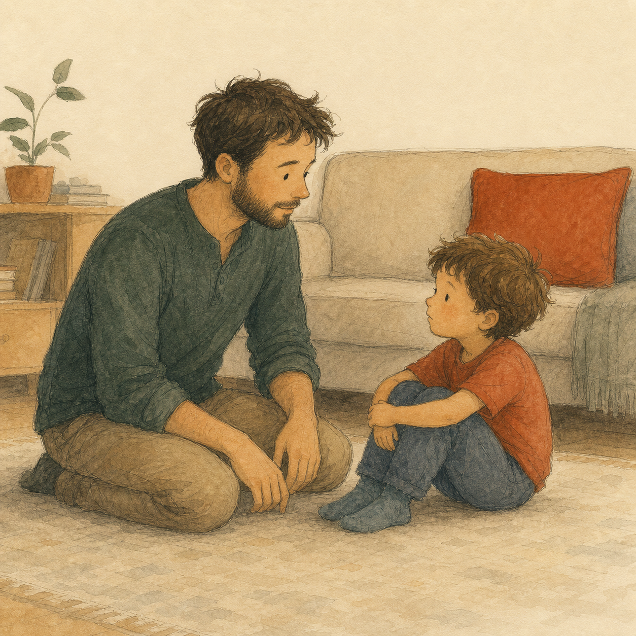 Father sits on the floor with Milo, face to face.