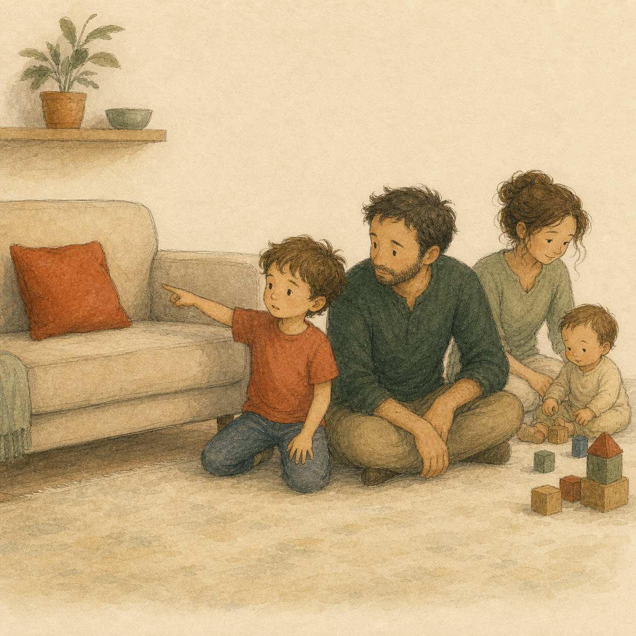 Milo points at the sofa. Father and Mother listen.